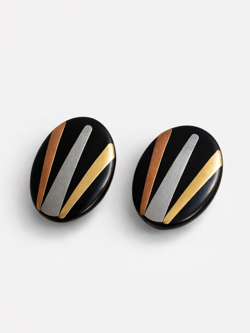Vintage Black Oval Button Earrings Mixed Metal Striped MCM 80s
